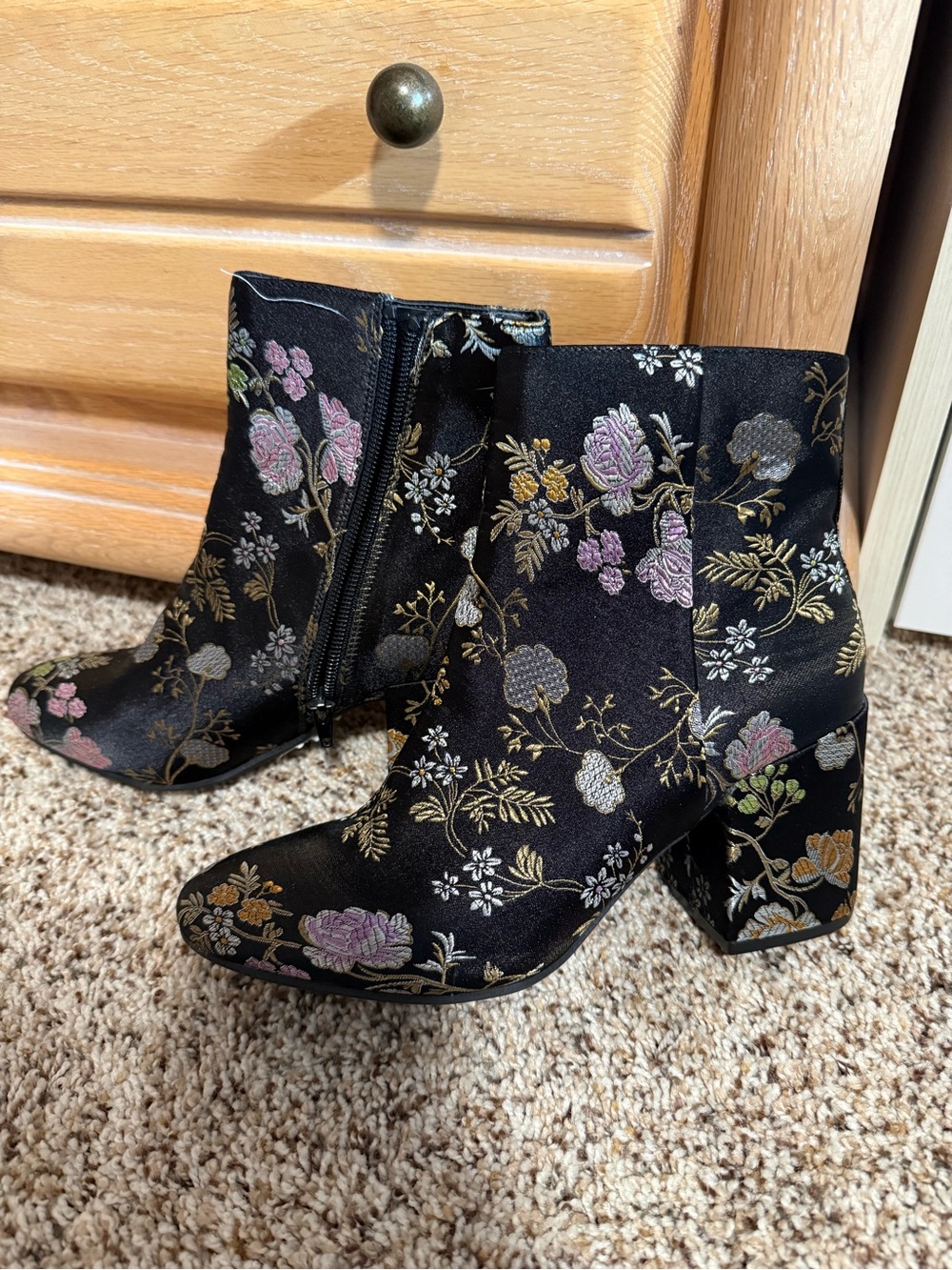 Carlos by Carlos Santana Black Floral Brocade Ankle Boots